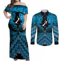 Personalised Aotearoa Matariki Couples Matching Off Shoulder Maxi Dress and Long Sleeve Button Shirt Turquoise Fern Maori Poutama