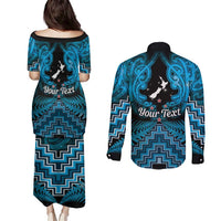 Personalised Aotearoa Matariki Couples Matching Puletasi and Long Sleeve Button Shirt Turquoise Fern Maori Poutama