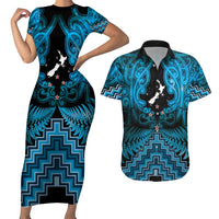 Personalised Aotearoa Matariki Couples Matching Short Sleeve Bodycon Dress and Hawaiian Shirt Turquoise Fern Maori Poutama