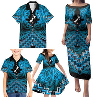 Personalised Aotearoa Matariki Family Matching Puletasi and Hawaiian Shirt Turquoise Fern Maori Poutama