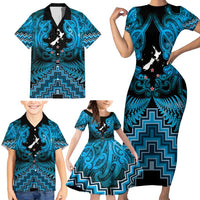 Personalised Aotearoa Matariki Family Matching Short Sleeve Bodycon Dress and Hawaiian Shirt Turquoise Fern Maori Poutama