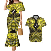Personalised Aotearoa Matariki Couples Matching Mermaid Dress and Hawaiian Shirt Yellow Fern Maori Poutama
