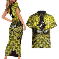 Personalised Aotearoa Matariki Couples Matching Short Sleeve Bodycon Dress and Hawaiian Shirt Yellow Fern Maori Poutama