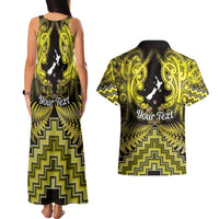 Personalised Aotearoa Matariki Couples Matching Tank Maxi Dress and Hawaiian Shirt Yellow Fern Maori Poutama LT01 - Polynesian Pride