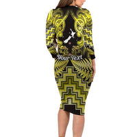 Personalised Aotearoa Matariki Family Matching Long Sleeve Bodycon Dress and Hawaiian Shirt Yellow Fern Maori Poutama