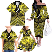 Personalised Aotearoa Matariki Family Matching Off The Shoulder Long Sleeve Dress and Hawaiian Shirt Yellow Fern Maori Poutama