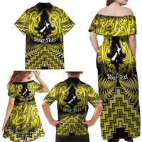 Personalised Aotearoa Matariki Family Matching Off Shoulder Maxi Dress and Hawaiian Shirt Yellow Fern Maori Poutama