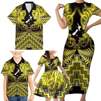 Personalised Aotearoa Matariki Family Matching Short Sleeve Bodycon Dress and Hawaiian Shirt Yellow Fern Maori Poutama