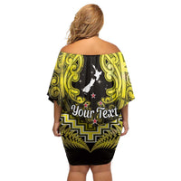 Personalised Aotearoa Matariki Off Shoulder Short Dress Yellow Fern Maori Poutama