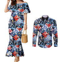 Hawaii Tropicana Blue Pattern Couples Matching Mermaid Dress and Long Sleeve Button Shirt LT01 Blue - Polynesian Pride