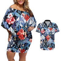 Hawaii Tropicana Blue Pattern Couples Matching Off Shoulder Short Dress and Hawaiian Shirt LT01 Blue - Polynesian Pride