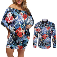 Hawaii Tropicana Blue Pattern Couples Matching Off Shoulder Short Dress and Long Sleeve Button Shirt LT01 Blue - Polynesian Pride