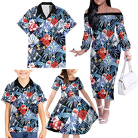 Hawaii Tropicana Blue Pattern Family Matching Off The Shoulder Long Sleeve Dress and Hawaiian Shirt - Polynesian Pride