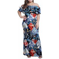 Hawaii Tropicana Blue Pattern Family Matching Off Shoulder Maxi Dress and Hawaiian Shirt LT01 Mom's Dress Blue - Polynesian Pride