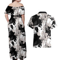 Black White Monotone Tropical Flowers Pattern Couples Matching Off Shoulder Maxi Dress and Hawaiian Shirt LT01 - Polynesian Pride