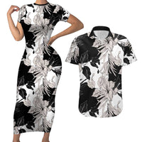 Black White Monotone Tropical Flowers Pattern Couples Matching Short Sleeve Bodycon Dress and Hawaiian Shirt LT01 Black - Polynesian Pride