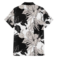 Black White Monotone Tropical Flowers Pattern Family Matching Off The Shoulder Long Sleeve Dress and Hawaiian Shirt - Polynesian Pride