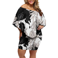 Black White Monotone Tropical Flowers Pattern Family Matching Off Shoulder Short Dress and Hawaiian Shirt - Polynesian Pride