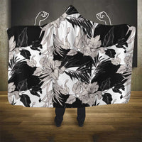 Black White Monotone Tropical Flowers Pattern Hooded Blanket - Polynesian Pride