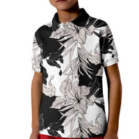 Black White Monotone Tropical Flowers Pattern Kid Polo Shirt - Polynesian Pride