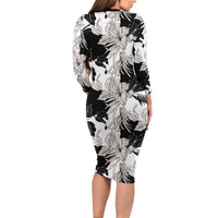 Black White Monotone Tropical Flowers Pattern Long Sleeve Bodycon Dress - Polynesian Pride