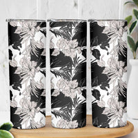 Black White Monotone Tropical Flowers Pattern Skinny Tumbler - Polynesian Pride