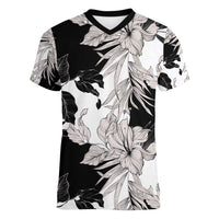 Black White Monotone Tropical Flowers Pattern Women V-Neck T-Shirt - Polynesian Pride