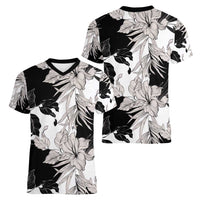 Black White Monotone Tropical Flowers Pattern Women V-Neck T-Shirt - Polynesian Pride