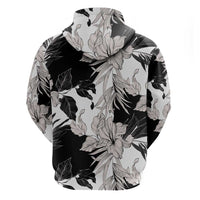 Black White Monotone Tropical Flowers Pattern Zip Hoodie - Polynesian Pride