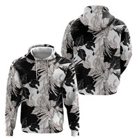Black White Monotone Tropical Flowers Pattern Zip Hoodie - Polynesian Pride