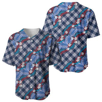 Polynesian Monstera Tiare Floral Baseball Jersey Royal Blue Tropical Plaid - Polynesian Pride