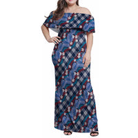 Polynesian Monstera Tiare Floral Family Matching Off Shoulder Maxi Dress and Hawaiian Shirt Royal Blue Tropical Plaid LT01 Mom's Dress Blue - Polynesian Pride