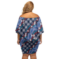 Polynesian Monstera Tiare Floral Family Matching Off Shoulder Short Dress and Hawaiian Shirt Royal Blue Tropical Plaid LT01 - Polynesian Pride