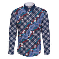 Polynesian Monstera Tiare Floral Family Matching Puletasi and Hawaiian Shirt Royal Blue Tropical Plaid LT01 Dad's Shirt - Long Sleeve Blue - Polynesian Pride