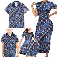 Polynesian Monstera Tiare Floral Family Matching Short Sleeve Bodycon Dress and Hawaiian Shirt Royal Blue Tropical Plaid LT01 - Polynesian Pride