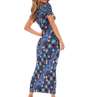 Polynesian Monstera Tiare Floral Family Matching Short Sleeve Bodycon Dress and Hawaiian Shirt Royal Blue Tropical Plaid LT01 - Polynesian Pride