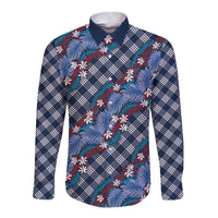 Polynesian Monstera Tiare Floral Long Sleeve Button Shirt Royal Blue Tropical Plaid LT01 Unisex Blue - Polynesian Pride