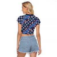 Polynesian Monstera Tiare Floral Raglan Cropped T Shirt Royal Blue Tropical Plaid - Polynesian Pride