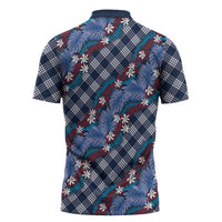 Polynesian Monstera Tiare Floral Zipper Polo Shirt Royal Blue Tropical Plaid LT01 - Polynesian Pride