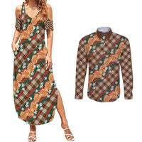 Polynesian Monstera Tiare Floral Couples Matching Summer Maxi Dress and Long Sleeve Button Shirt Chocolate Brown Tropical Plaid - Polynesian Pride