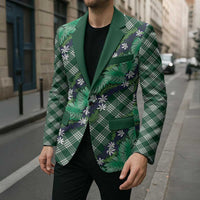 Polynesian Monstera Tiare Floral Blazer Forest Green Tropical Plaid - Polynesian Pride