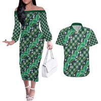 Polynesian Monstera Tiare Floral Couples Matching Off The Shoulder Long Sleeve Dress and Hawaiian Shirt Forest Green Tropical Plaid LT01 Green - Polynesian Pride