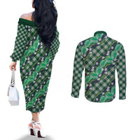 Polynesian Monstera Tiare Floral Couples Matching Off The Shoulder Long Sleeve Dress and Long Sleeve Button Shirt Forest Green Tropical Plaid - Polynesian Pride