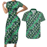Polynesian Monstera Tiare Floral Couples Matching Short Sleeve Bodycon Dress and Hawaiian Shirt Forest Green Tropical Plaid LT01 Green - Polynesian Pride