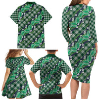 Polynesian Monstera Tiare Floral Family Matching Long Sleeve Bodycon Dress and Hawaiian Shirt Forest Green Tropical Plaid LT01 - Polynesian Pride