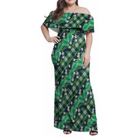 Polynesian Monstera Tiare Floral Family Matching Off Shoulder Maxi Dress and Hawaiian Shirt Forest Green Tropical Plaid LT01 Mom's Dress Green - Polynesian Pride
