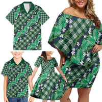 Polynesian Monstera Tiare Floral Family Matching Off Shoulder Short Dress and Hawaiian Shirt Forest Green Tropical Plaid LT01 - Polynesian Pride