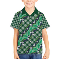 Polynesian Monstera Tiare Floral Family Matching Off Shoulder Short Dress and Hawaiian Shirt Forest Green Tropical Plaid LT01 Son's Shirt Green - Polynesian Pride
