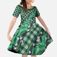 Polynesian Monstera Tiare Floral Family Matching Puletasi and Hawaiian Shirt Forest Green Tropical Plaid LT01 Daughter's Dress Green - Polynesian Pride