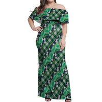 Polynesian Monstera Tiare Floral Off Shoulder Maxi Dress Forest Green Tropical Plaid LT01 Women Green - Polynesian Pride